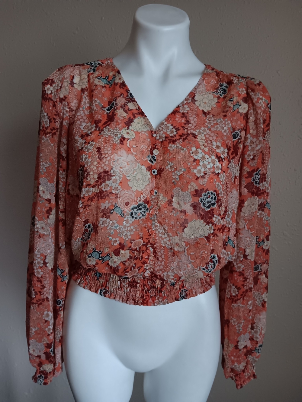 Floral V-Neck Long-Sleeve Blouse in Coral